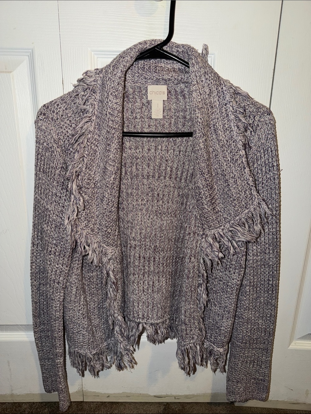 Chico's Heathered Lavender Fringe Open-Front Cardigan
